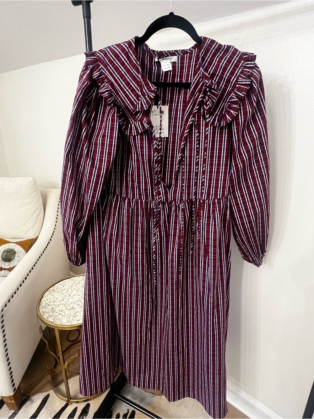Glamorous Burgundy and White Striped Ruffle-Trim Dress